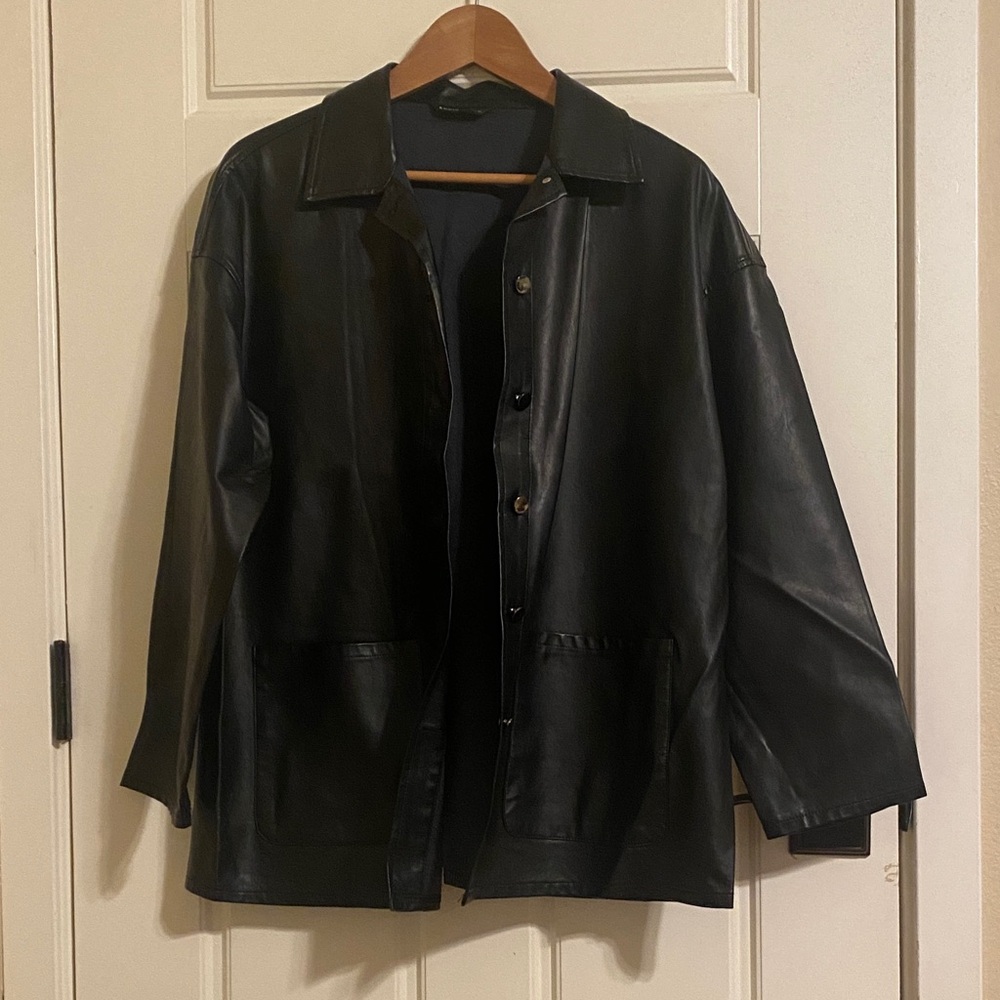 SHEIN Black Oversized Leather/PU Button-Front Jacket